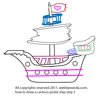 How to draw a cute Cartoon Pirate Ship, step 3, step by step instructions, webbywanda.tv, webbywanda.com all rights reserved 2011-2012